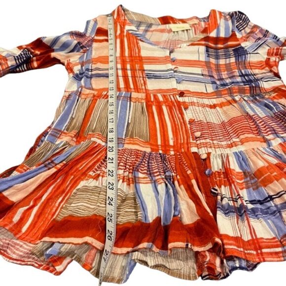 Maeve Anthropologie Babydoll Tunic Top Button Front V-Neck Red White Blue Size M - Picture 7 of 11